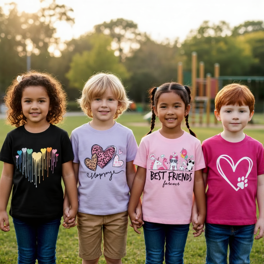 Kids Short Sleeve Crew Neck Tees - Cute Hearts & Best Friends Designs