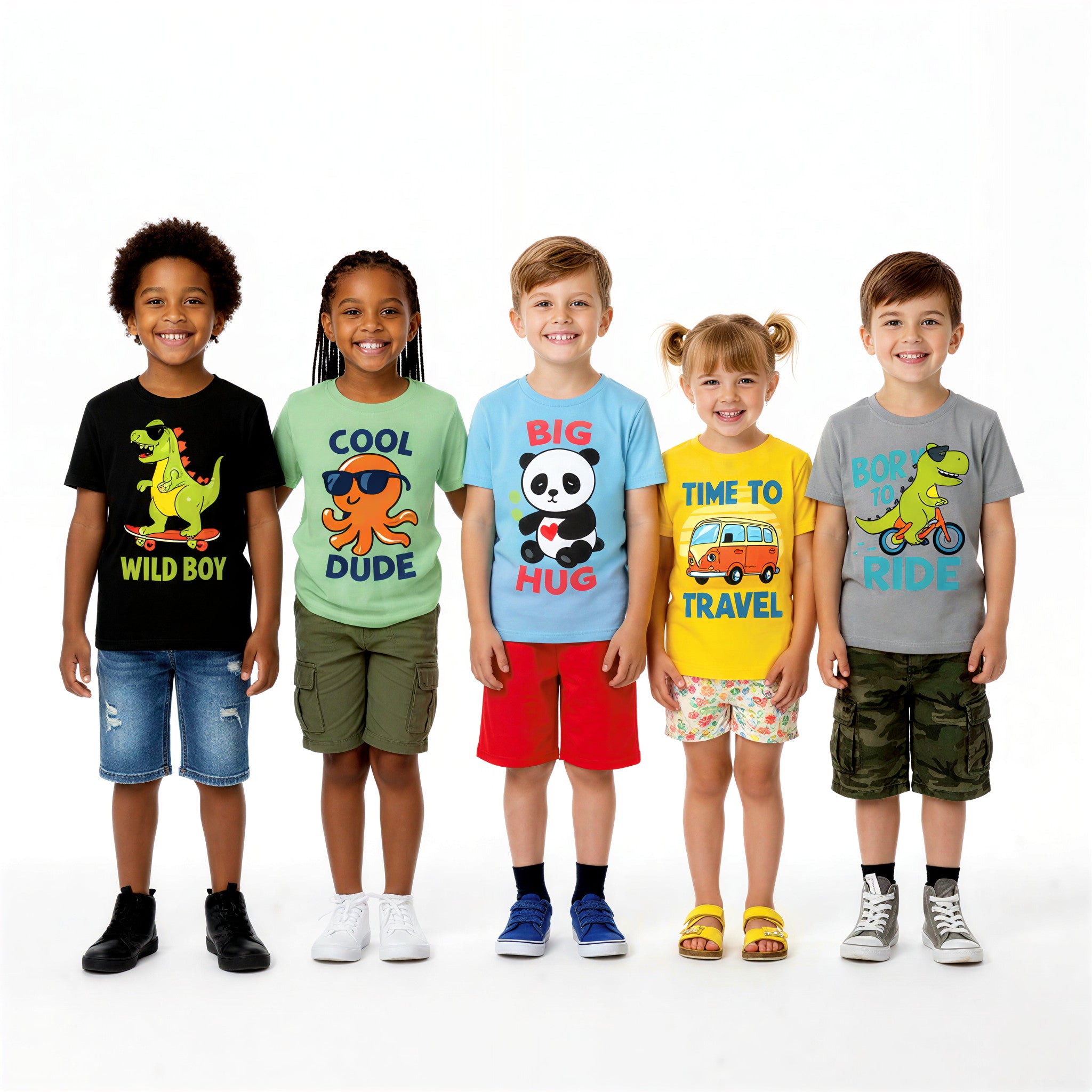 LITBABE Kids Soft Cotton Cartoon T-Shirts – Dinosaur, Shark, Fox Bicycle, Car “Beep”, Tractor & Panda Designs(Pack of 5)