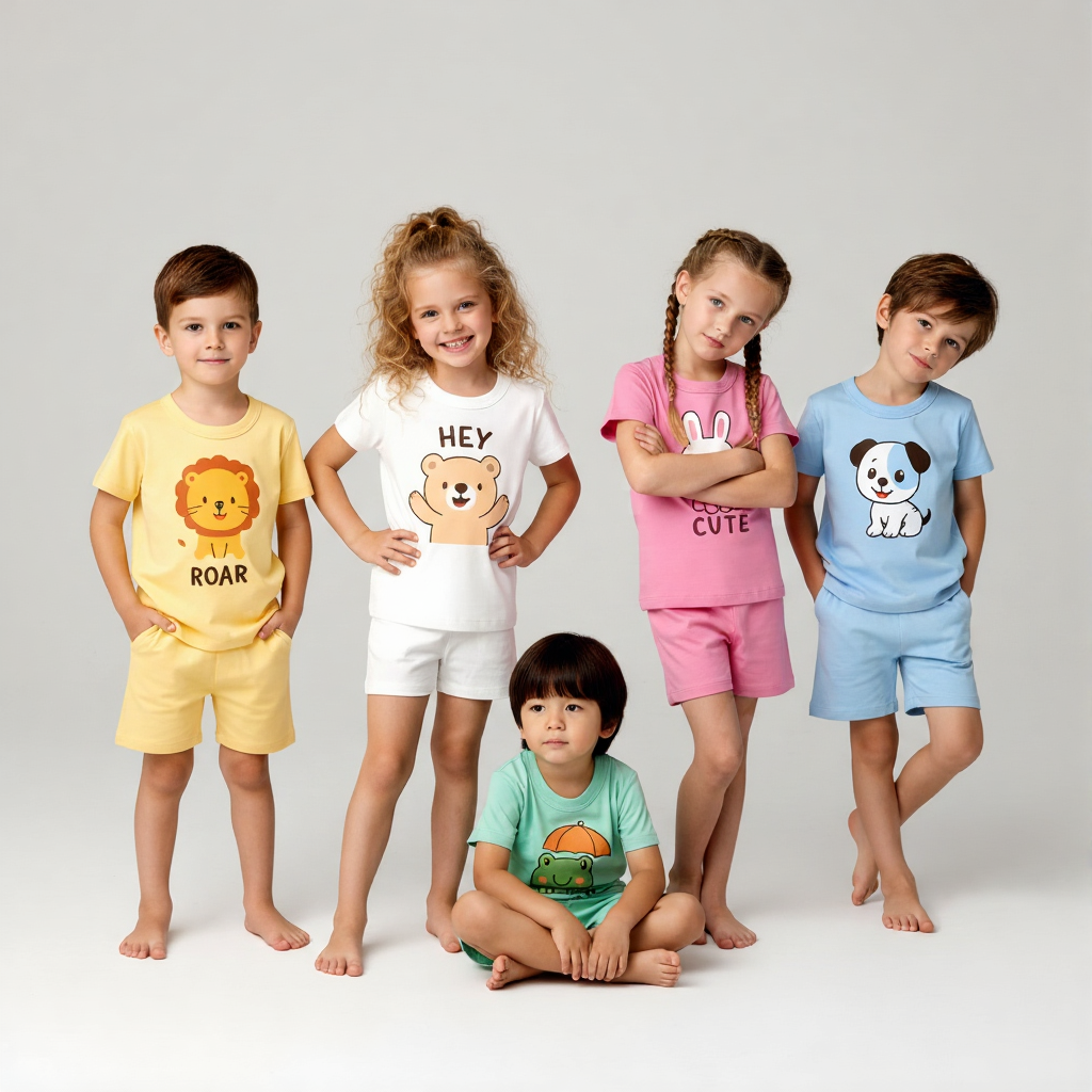 Kids Soft Cotton T-Shirt & Shorts Set for Boys & Girls – Lion, Bear, Bunny, Frog & Puppy Prints (pack of 5)