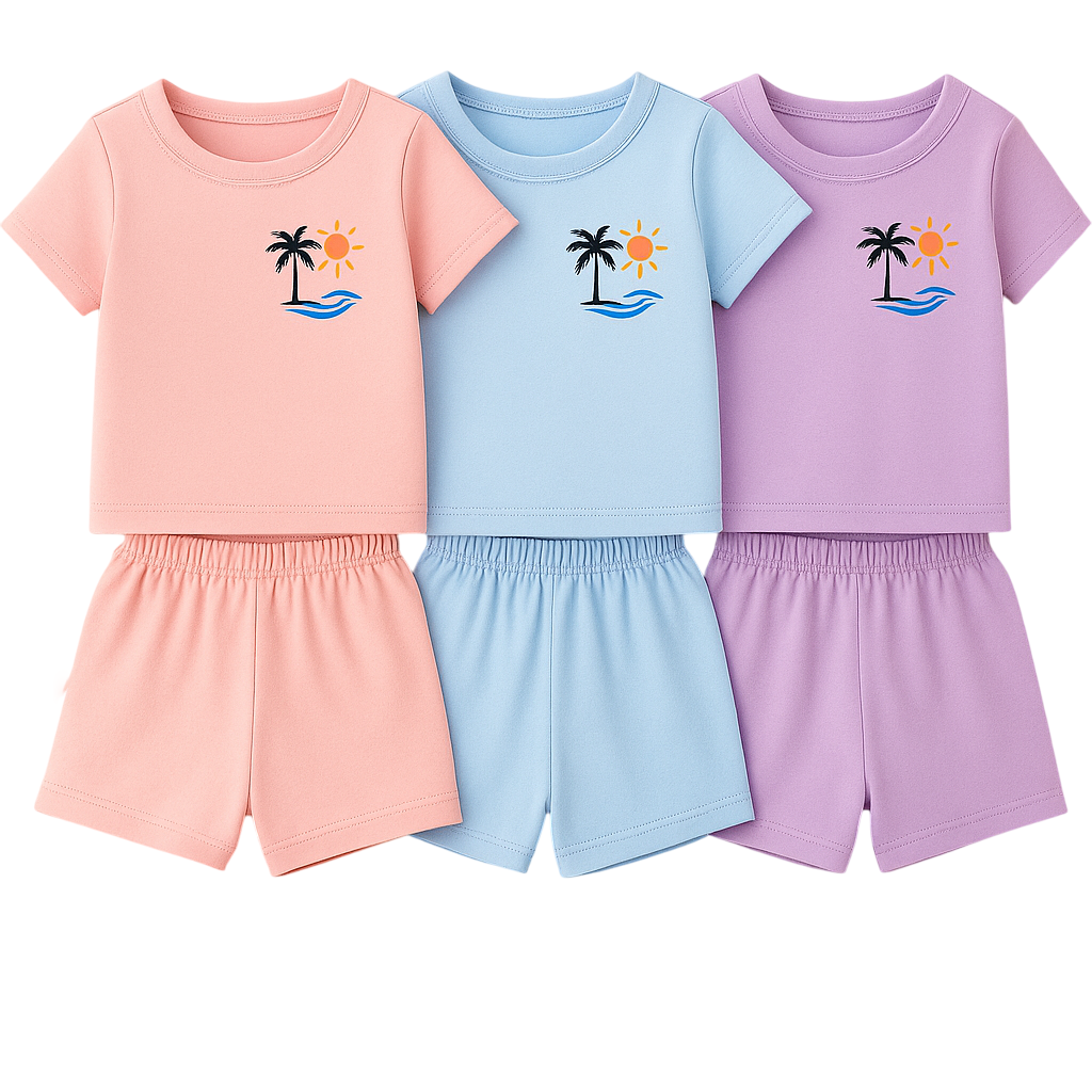 Kids Soft Cotton T-Shirt & Shorts Set for Boys & Girls – Pastel Colors with Palm Tree Print