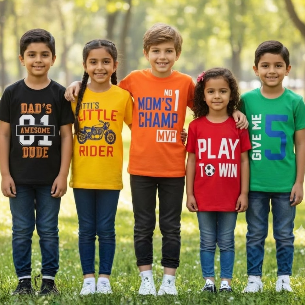 Kids Soft Cotton Round Neck Printed T-Shirt for Boys & Girls – Rider, Sports & Fun Designs (Pack of 5)