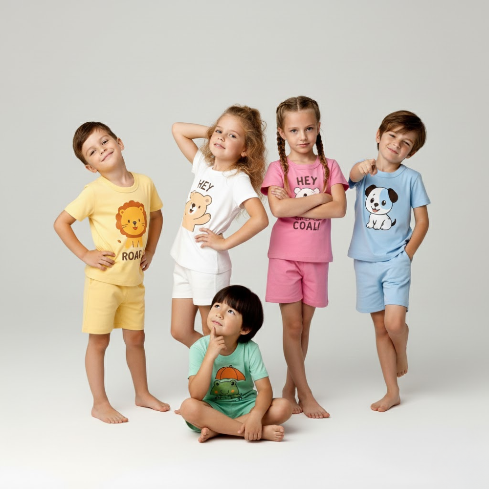 Kids Soft Cotton T-Shirt & Shorts Set for Boys & Girls – Lion, Bear, Bunny, Frog & Puppy Prints (pack of 5)
