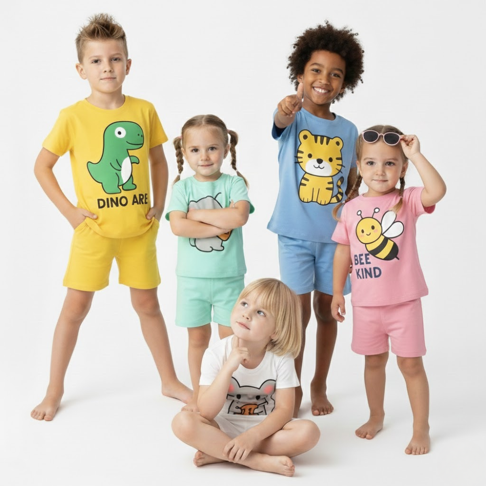 Kids Soft Cotton T-Shirt & Shorts Set for Boys & Girls – Dino, Tiger, Mouse & Bee Cute Prints (Pack of 5 set)