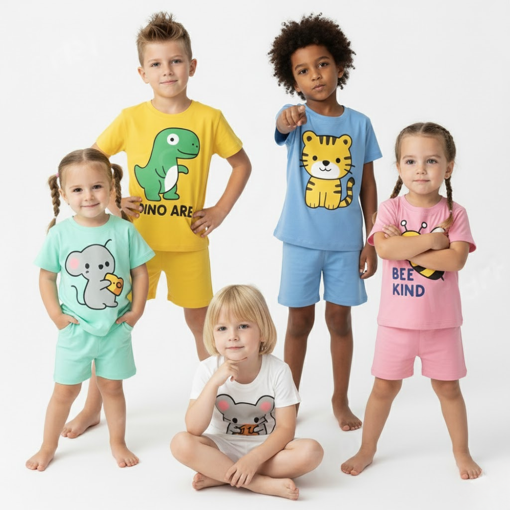 Kids Soft Cotton T-Shirt & Shorts Set for Boys & Girls – Dino, Tiger, Mouse & Bee Cute Prints (Pack of 5 set)