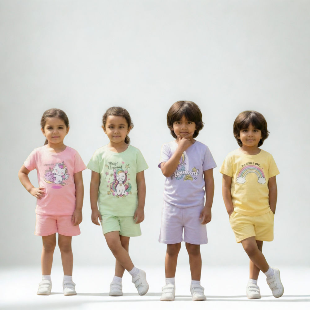 Kids Soft Cotton T-Shirt & Shorts Set – Unicorn, Mermaid & Rainbow Prints for Girls (Pack of 4 Set)