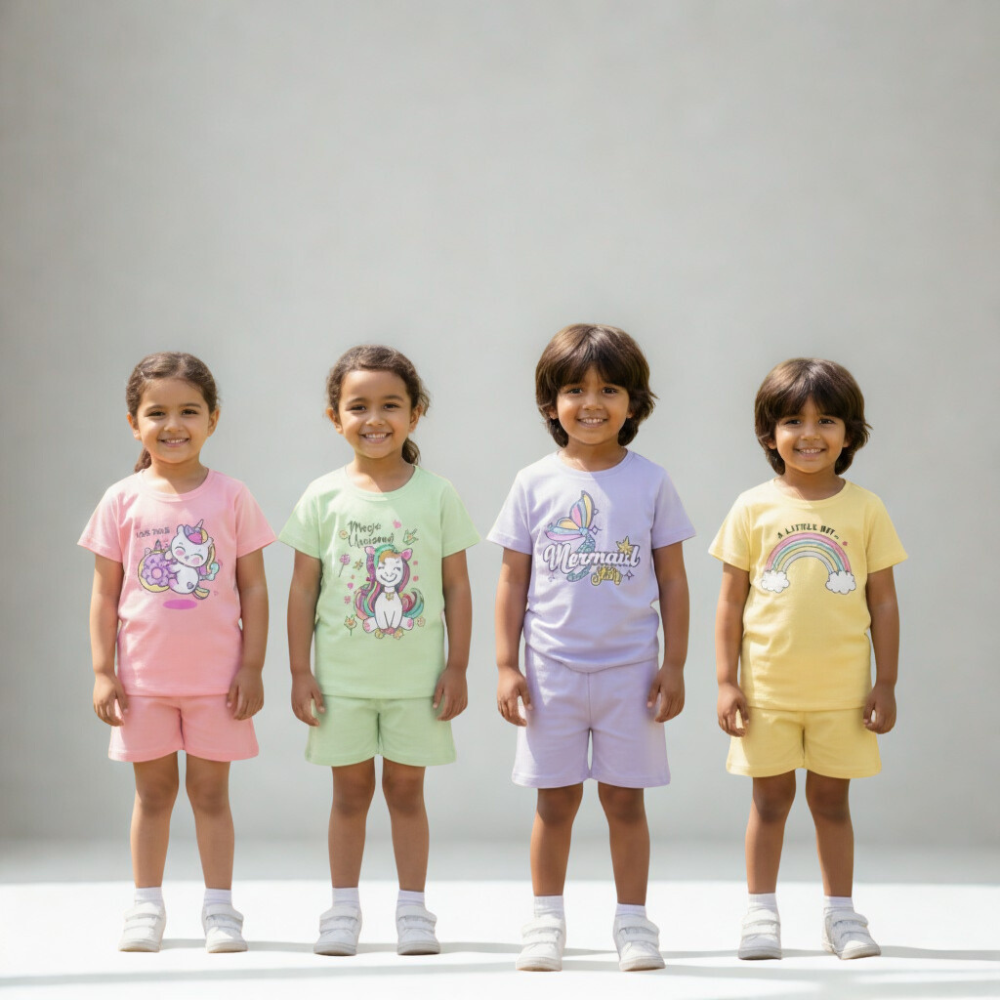 Kids Soft Cotton T-Shirt & Shorts Set – Unicorn, Mermaid & Rainbow Prints for Girls (Pack of 4 Set)