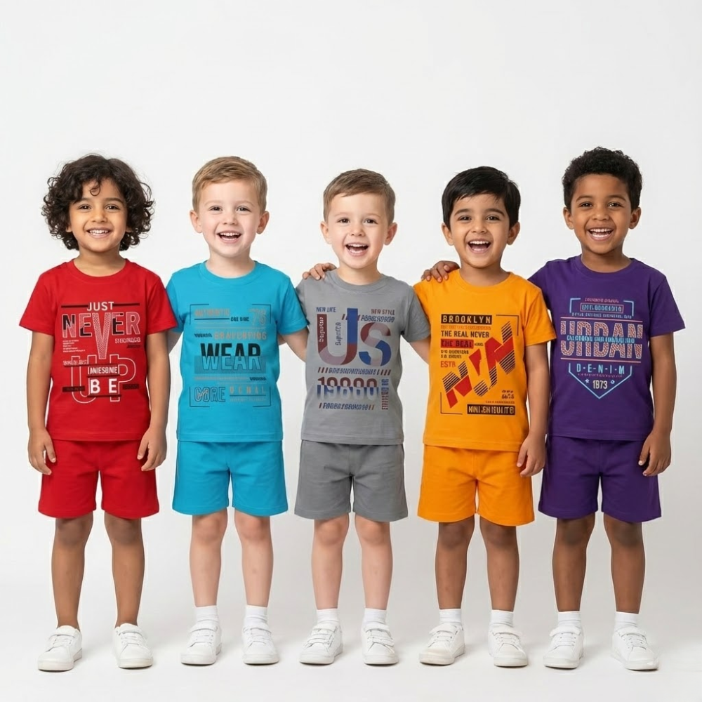 Kids Boys Soft Cotton Printed T-Shirt & Shorts Set – Typography, Urban & Sports Designs