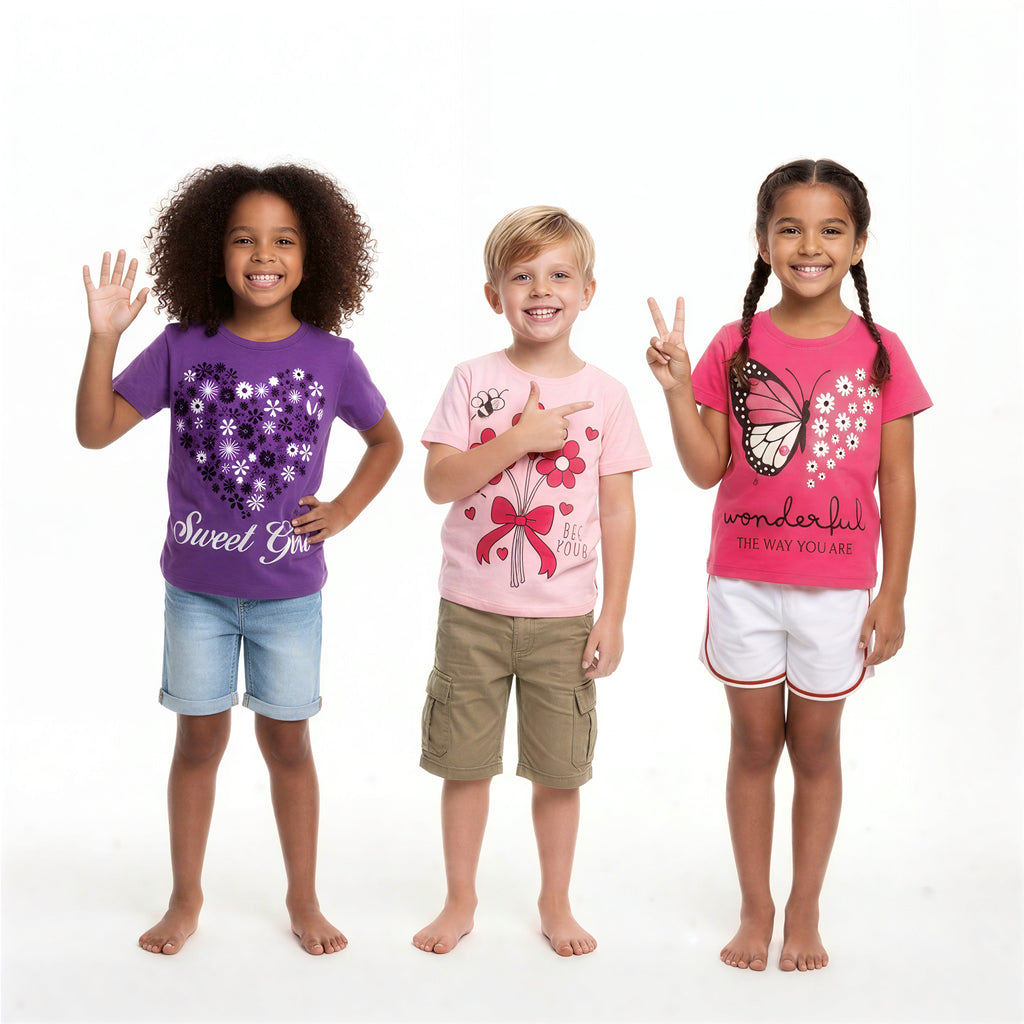 LITBABE KIDS Soft Cotton Printed T-Shirt – Flower, Butterfly & Heart Designs for Everyday Wear (PACKOF 4)