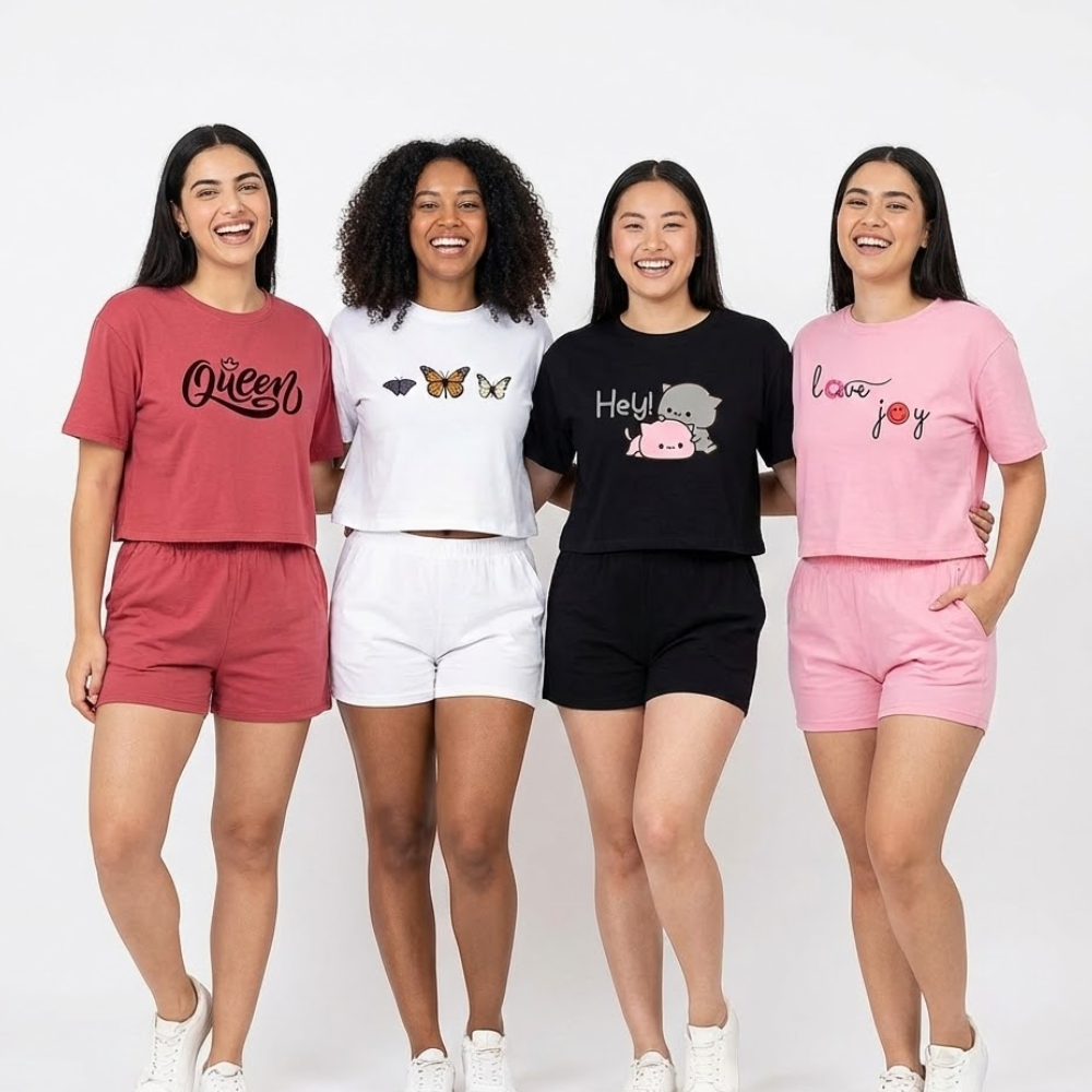LITBABE Women’s Soft Cotton Crop Top – Butterfly, Queen, Cat Cartoon & Love Joy Prints PACK OF 4