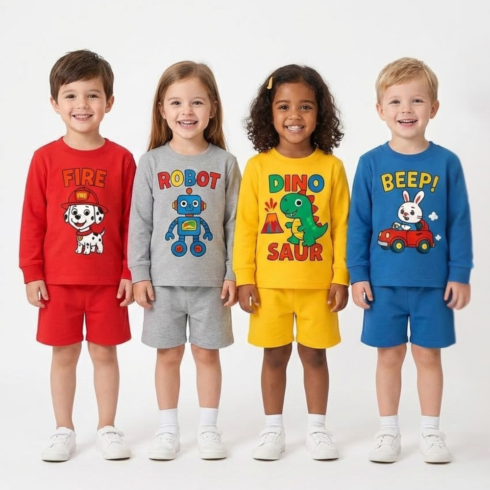 LITBABE Kids Full Sleeve Cotton Sweatshirt for Boys & Girls | Dino, Robot, Fireman & Bunny Print | Winter Wear Sweatshirt (Pack of 4)
