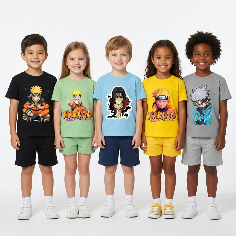 LITBABE Kids Anime Printed T-Shirt – Soft Cotton Naruto Style Cartoon Tee for Boys & Girls (Packof5)