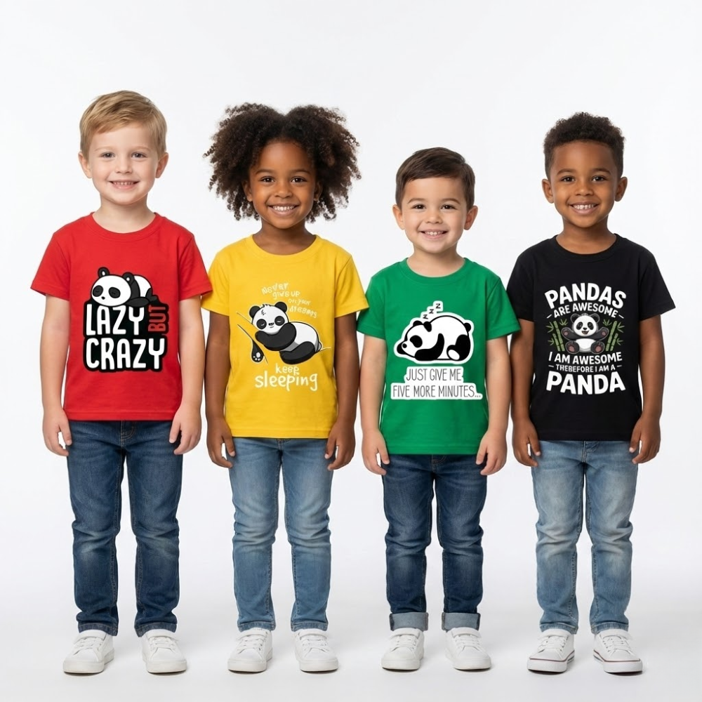 LITBABE Kids Panda Printed Cotton Half Hand T-Shirt | Cute Cartoon Panda Graphic Tee for Boys & Girls (Pack of 4)