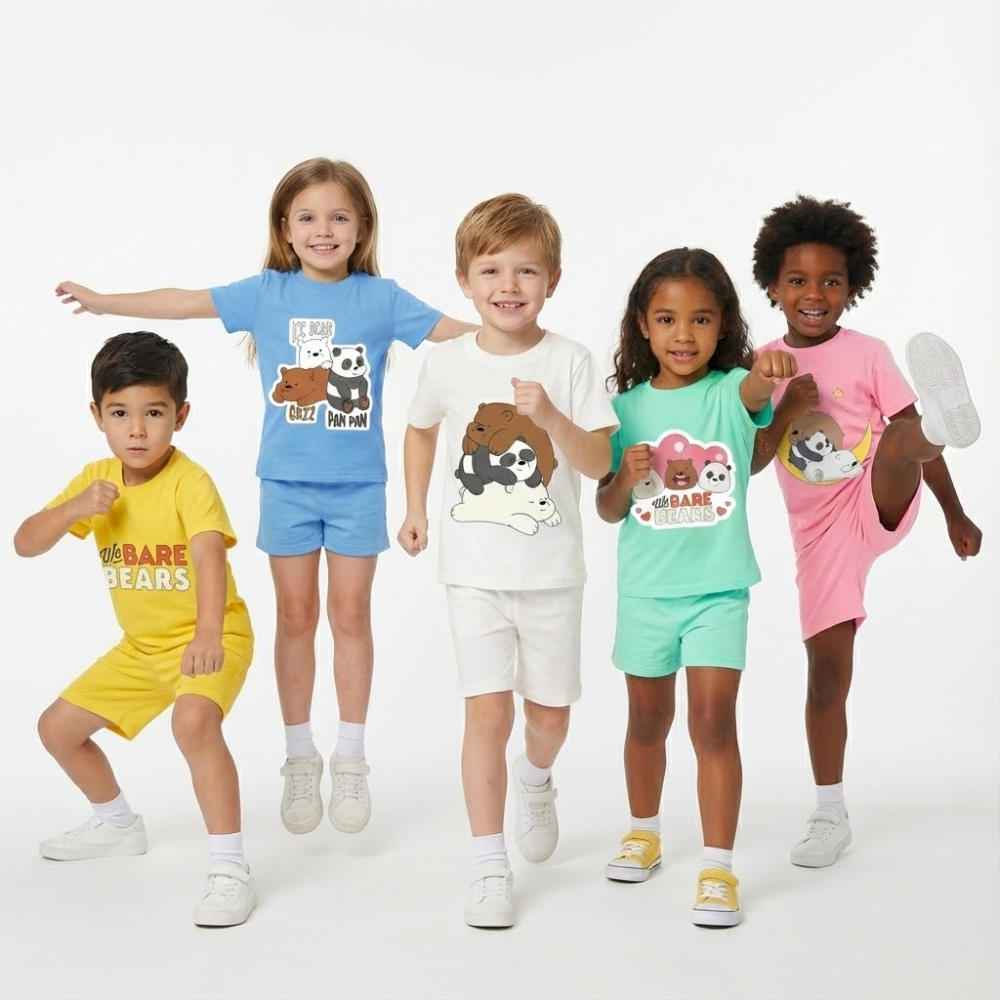 Kids Cute Bear Printed T-Shirt & Shorts Set – Soft Cotton Summer Outfit for Boys & Girls