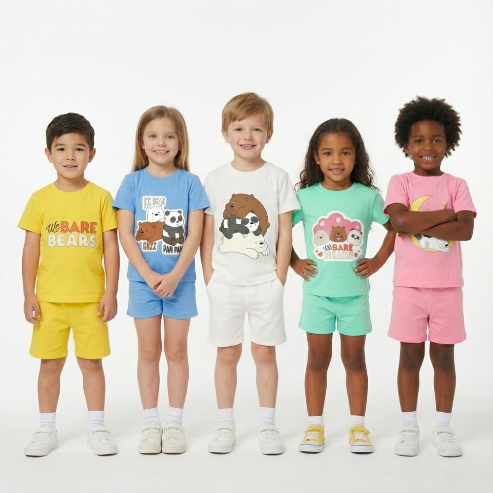 Kids Cute Bear Printed T-Shirt & Shorts Set – Soft Cotton Summer Outfit for Boys & Girls
