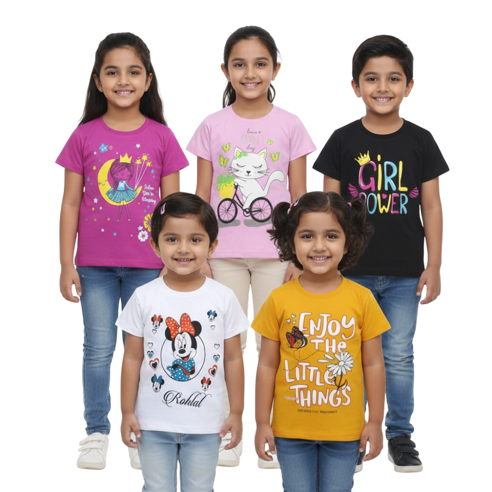 kids 5-Pack Graphic T-Shirts - Girl Power, Princess, Cat & Butterfly Prints