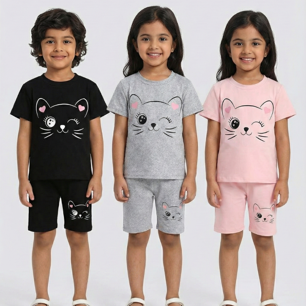 Kids Girls & Boys Casual Cotton Set - Winking Cat T-Shirt & Shorts (Black, Grey, Pink)