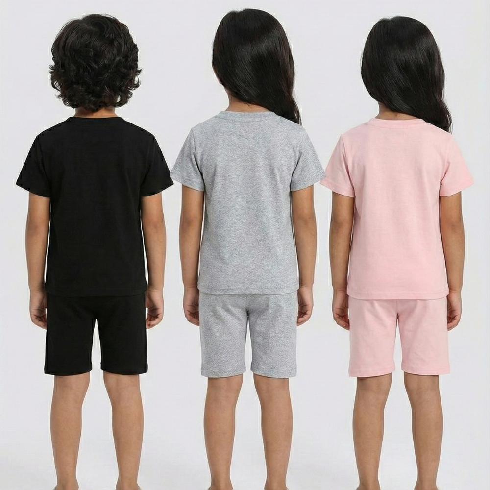 Kids Girls & Boys Casual Cotton Set - Winking Cat T-Shirt & Shorts (Black, Grey, Pink)