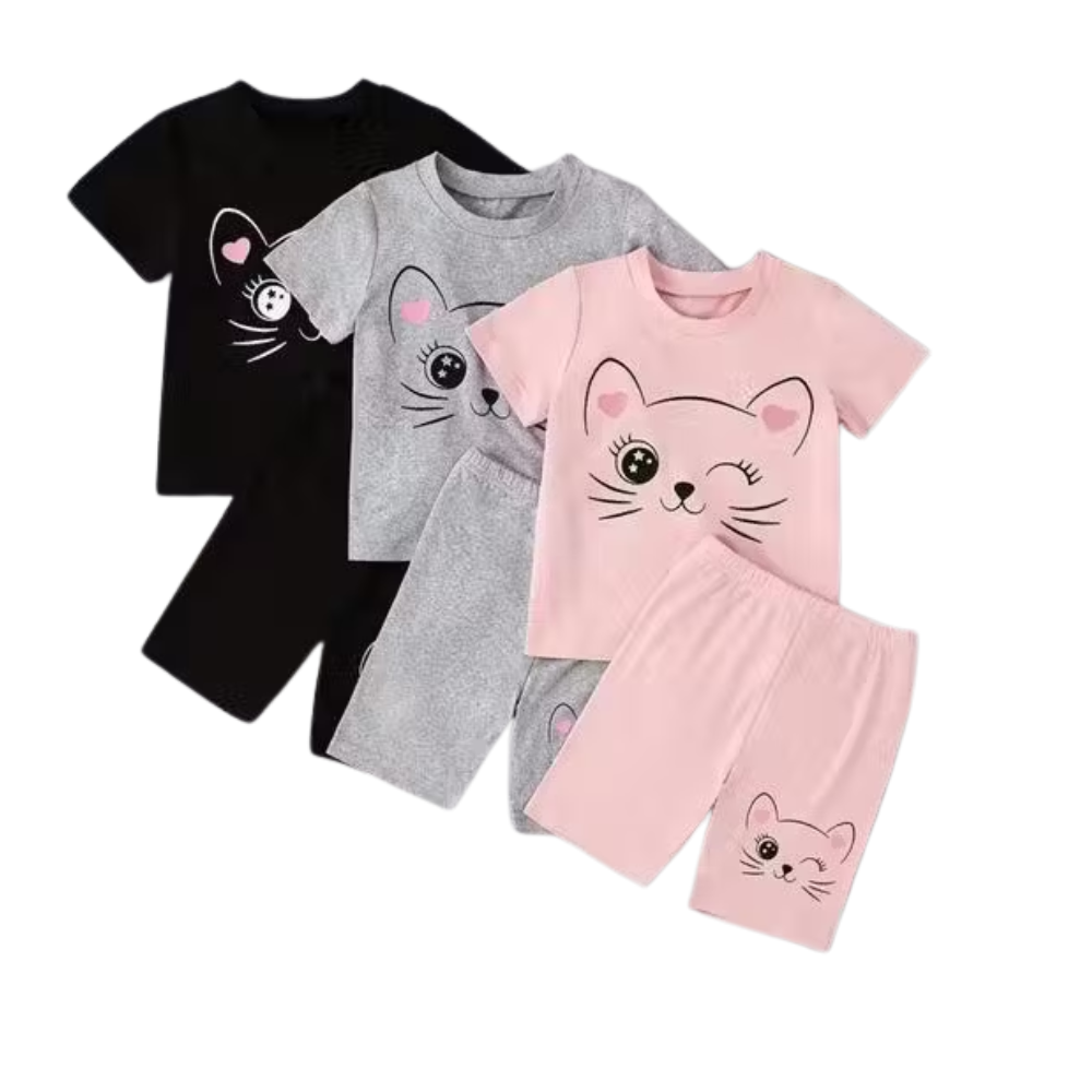 Kids Girls & Boys Casual Cotton Set - Winking Cat T-Shirt & Shorts (Black, Grey, Pink)