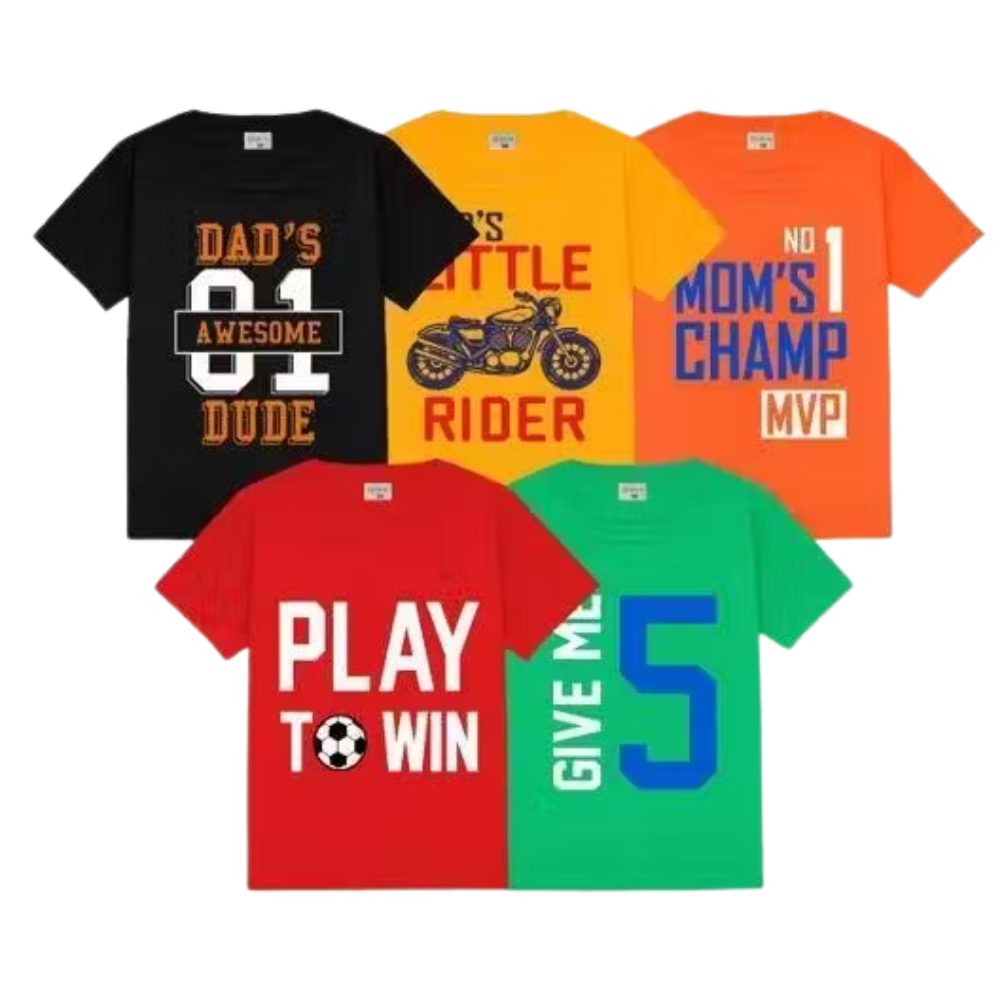 Kids Soft Cotton Round Neck Printed T-Shirt for Boys & Girls – Rider, Sports & Fun Designs (Pack of 5)