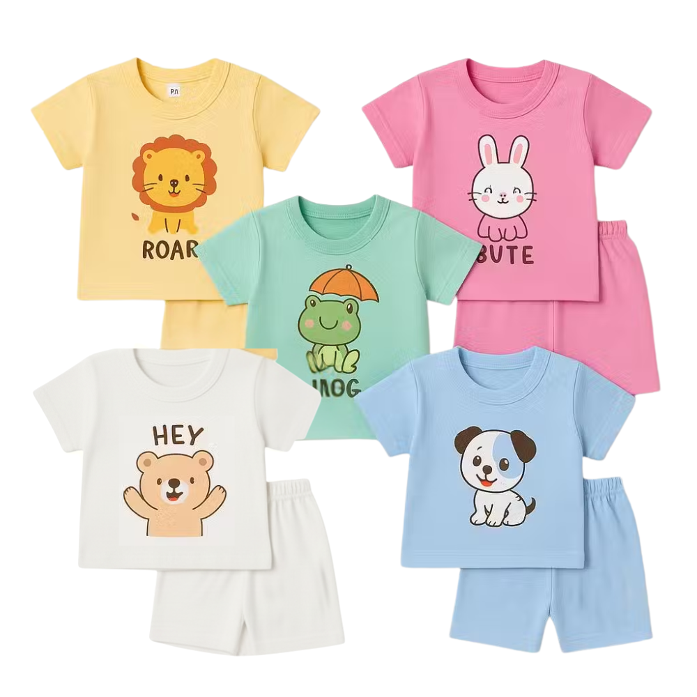 Kids Soft Cotton T-Shirt & Shorts Set for Boys & Girls – Lion, Bear, Bunny, Frog & Puppy Prints (pack of 5)