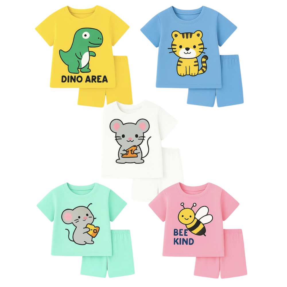 Kids Soft Cotton T-Shirt & Shorts Set for Boys & Girls – Dino, Tiger, Mouse & Bee Cute Prints (Pack of 5 set)