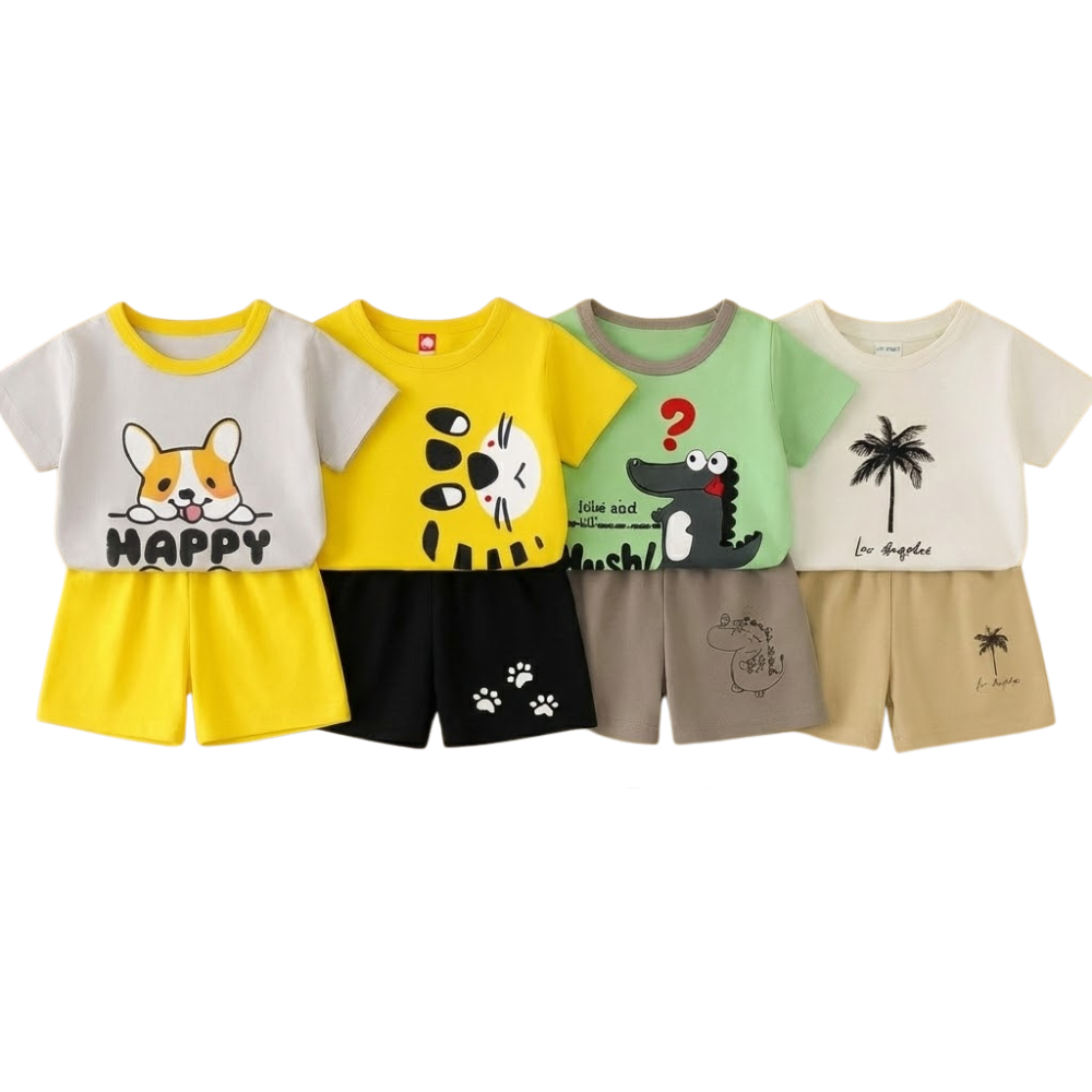 Kids Soft Cotton T-Shirt & Shorts Set for Boys & Girls – Dog, Tiger, Crocodile & Palm Tree Prints