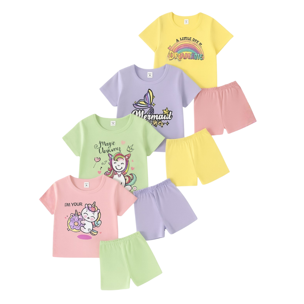 Kids Soft Cotton T-Shirt & Shorts Set – Unicorn, Mermaid & Rainbow Prints for Girls (Pack of 4 Set)