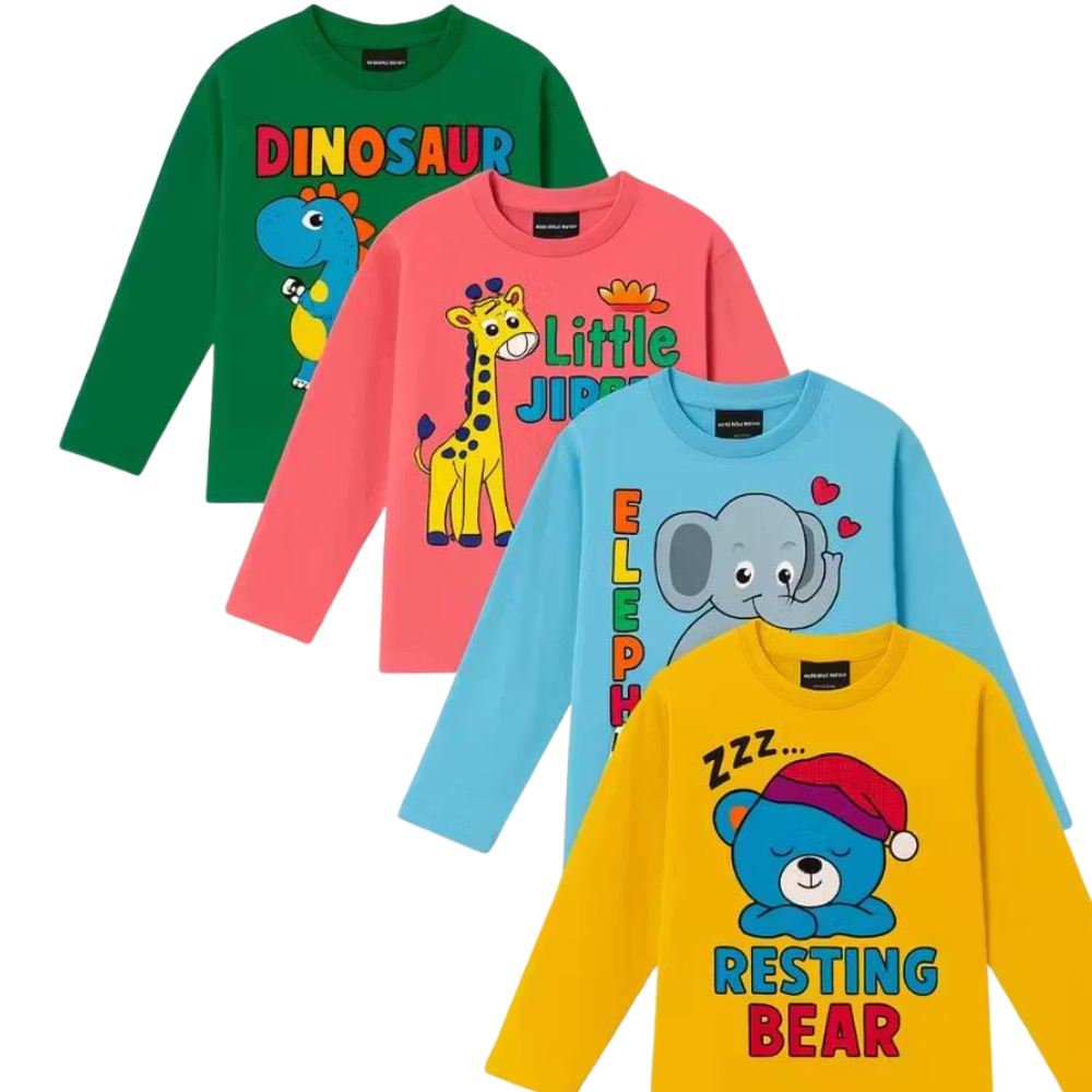 LITBABE Kids Full Sleeve Soft Cotton T-Shirt – Dinosaur, Giraffe, Elephant & Bear Cute Prints