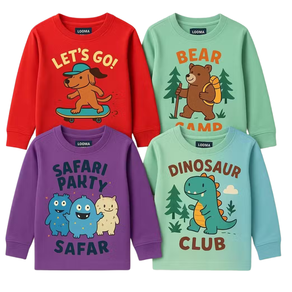 LITBABE Kids Full Sleeve Soft Cotton T-Shirts – Dinosaur, Bear Camp, Skate Dog & Safari Monster Prints