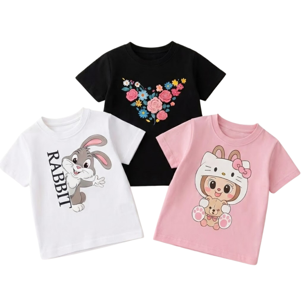 LITBABE Kids Soft Cotton T-Shirt – Rabbit, Bunny & Floral Heart Prints for Boys & Girls (Pack of 3)