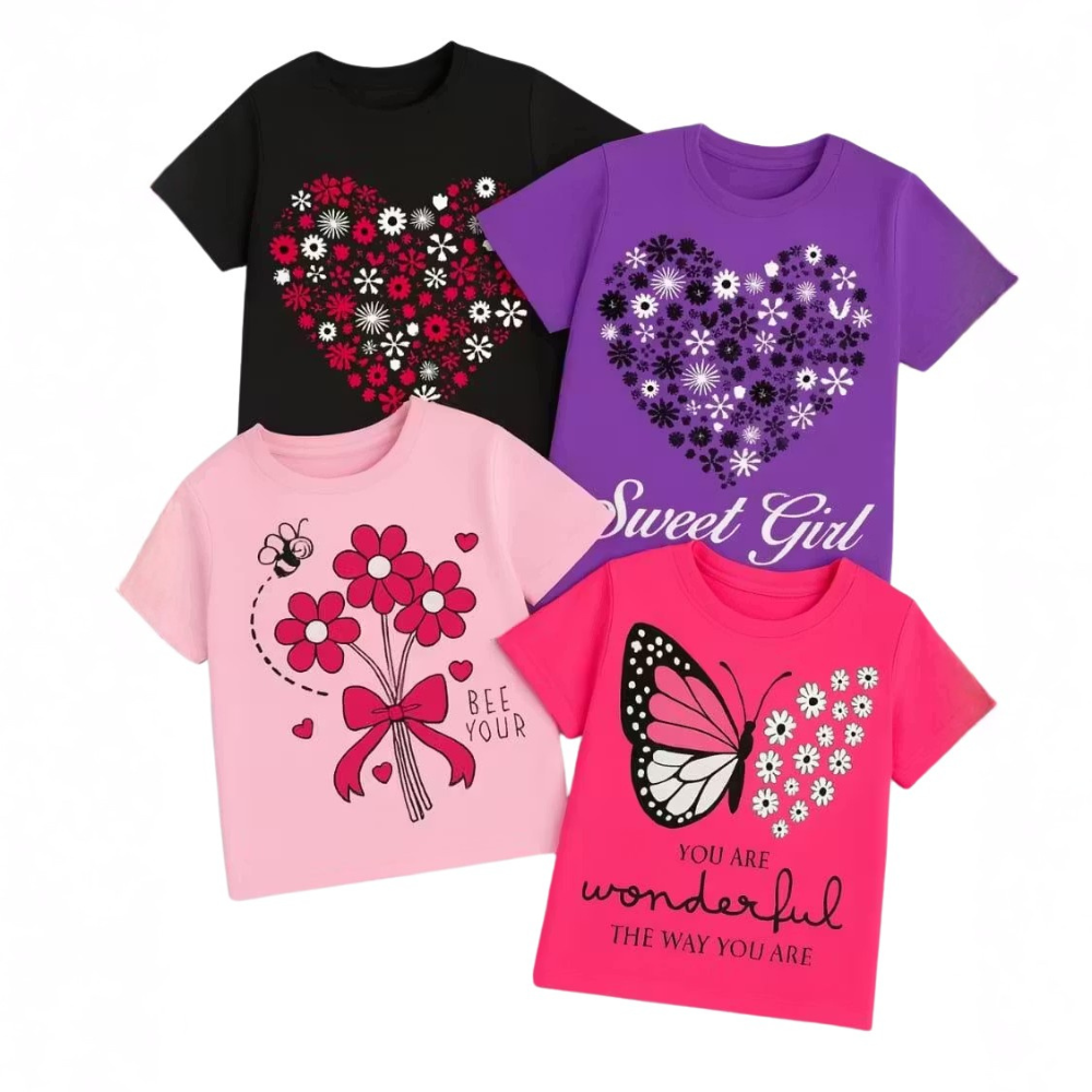 LITBABE KIDS Soft Cotton Printed T-Shirt – Flower, Butterfly & Heart Designs for Everyday Wear (PACKOF 4)