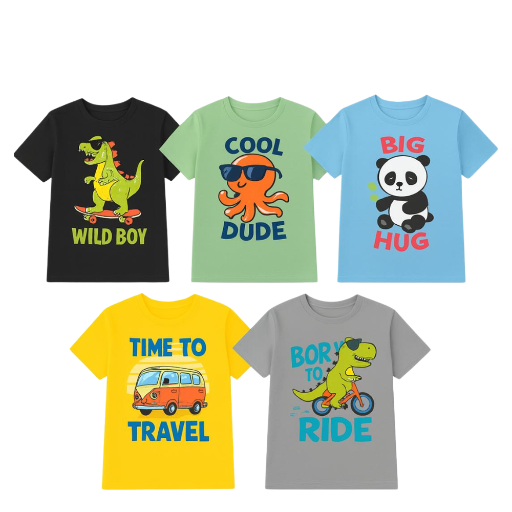 LITBABE Kids Soft Cotton Printed T-Shirts for Boys – Dinosaur, Panda, Octopus & Travel Van Designs (Packof5)