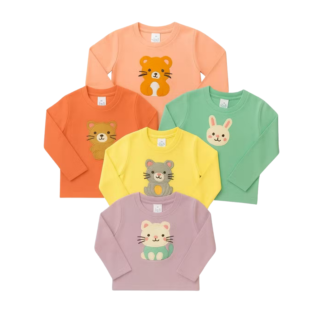 LITBABE Kids Soft Cotton Full Sleeve T-Shirt – Bear, Bunny, Cat & Animal Embroidery Designs Pack of 5