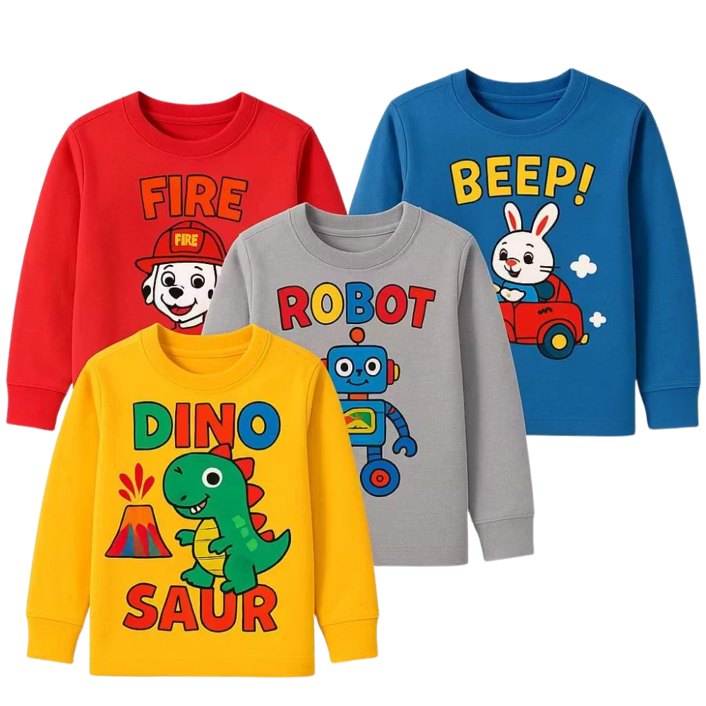LITBABE Kids Full Sleeve Cotton Sweatshirt for Boys & Girls | Dino, Robot, Fireman & Bunny Print | Winter Wear Sweatshirt (Pack of 4)
