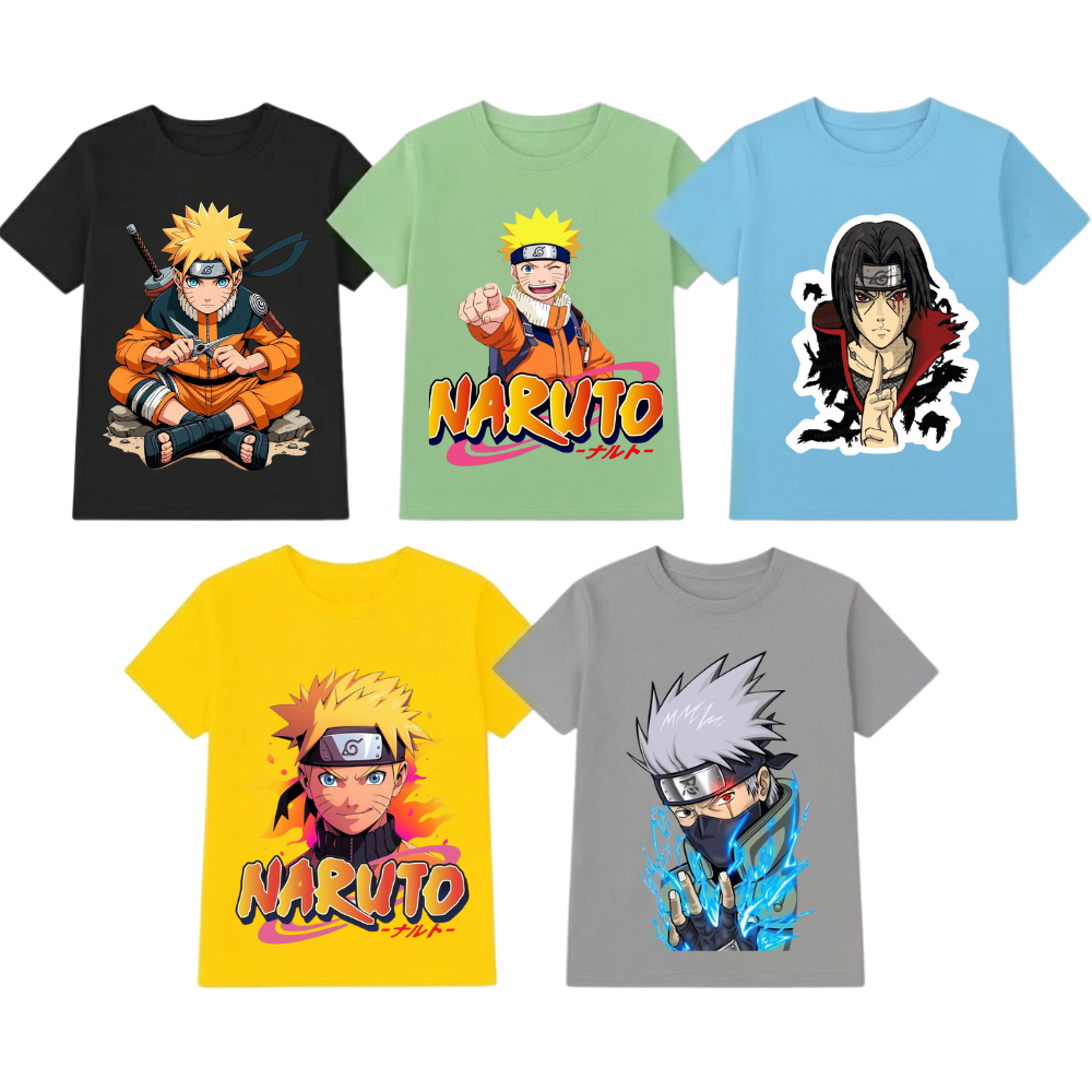 LITBABE Kids Anime Printed T-Shirt – Soft Cotton Naruto Style Cartoon Tee for Boys & Girls (Packof5)