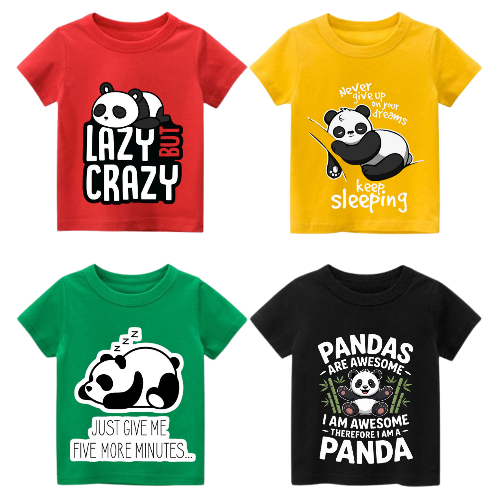 LITBABE Kids Panda Printed Cotton Half Hand T-Shirt | Cute Cartoon Panda Graphic Tee for Boys & Girls (Pack of 4)