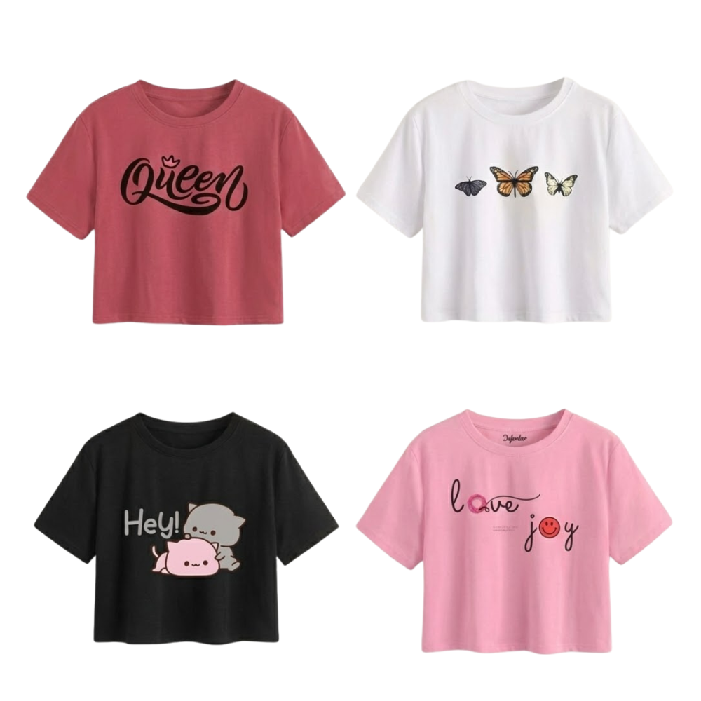LITBABE Women’s Soft Cotton Crop Top – Butterfly, Queen, Cat Cartoon & Love Joy Prints PACK OF 4