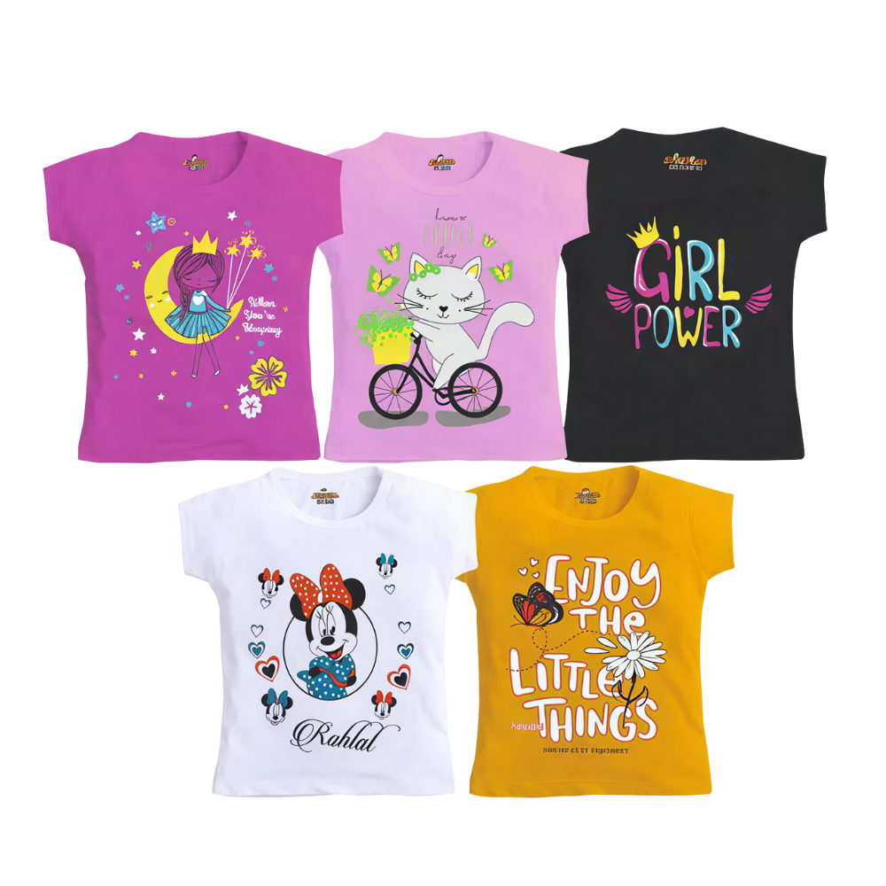 kids 5-Pack Graphic T-Shirts - Girl Power, Princess, Cat & Butterfly Prints