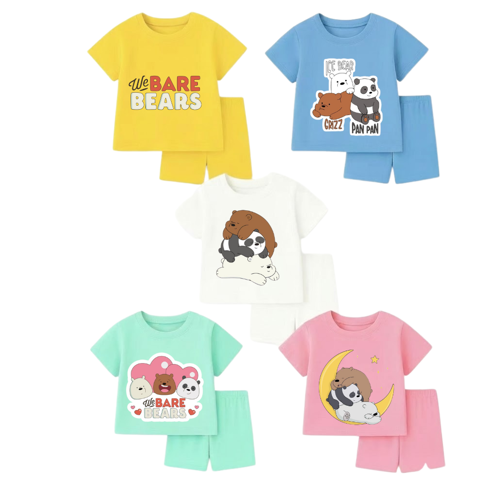 Kids Cute Bear Printed T-Shirt & Shorts Set – Soft Cotton Summer Outfit for Boys & Girls