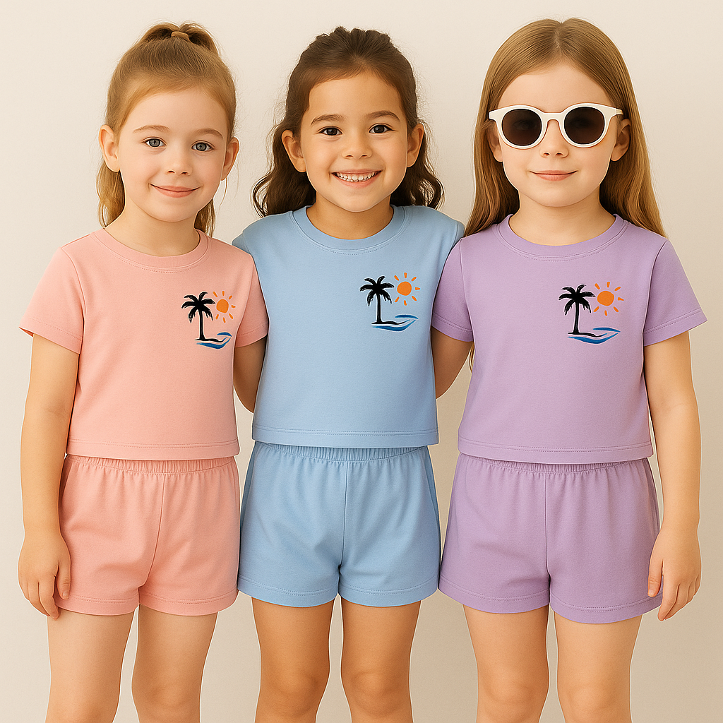Kids Soft Cotton T-Shirt & Shorts Set for Boys & Girls – Pastel Colors with Palm Tree Print