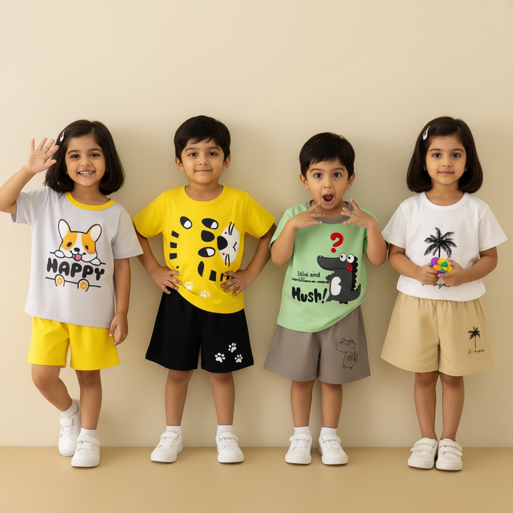 Kids Soft Cotton T-Shirt & Shorts Set for Boys & Girls – Dog, Tiger, Crocodile & Palm Tree Prints