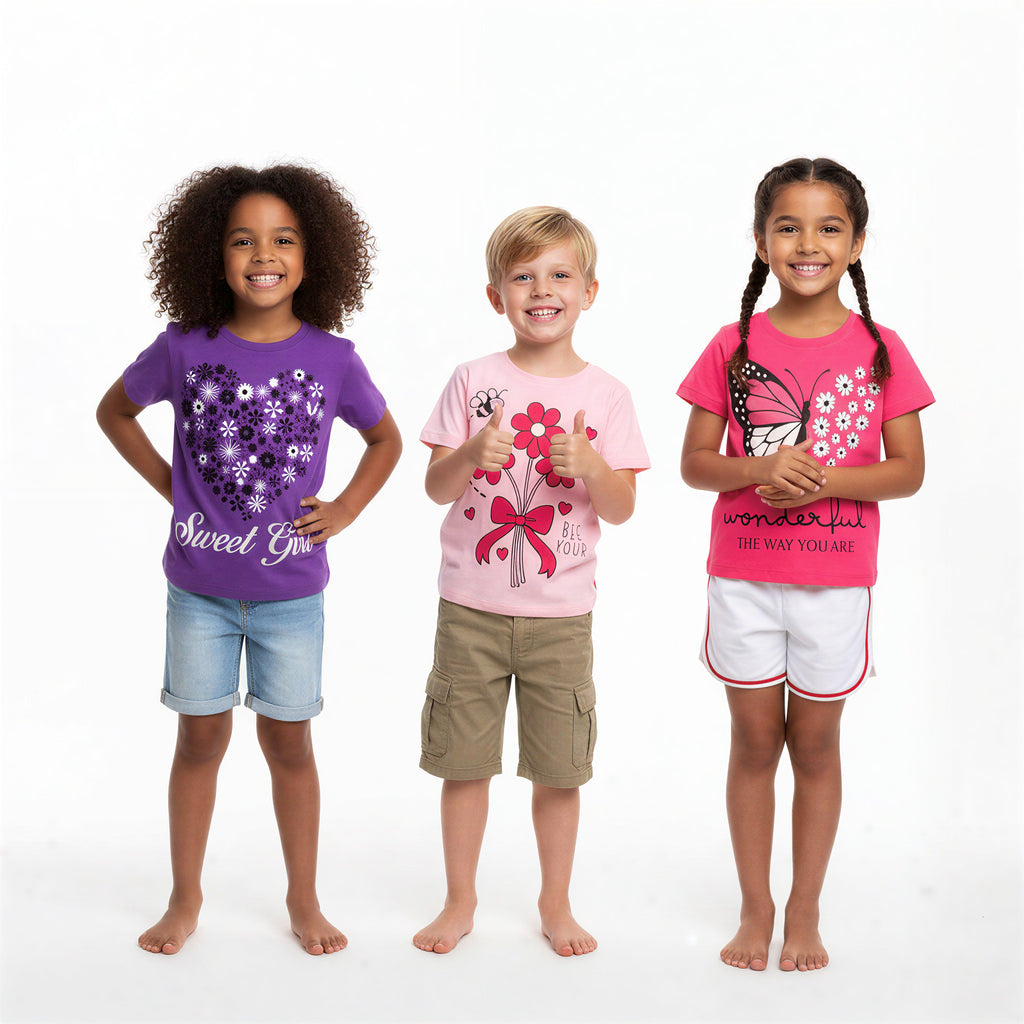 LITBABE KIDS Soft Cotton Printed T-Shirt – Flower, Butterfly & Heart Designs for Everyday Wear (PACKOF 4)