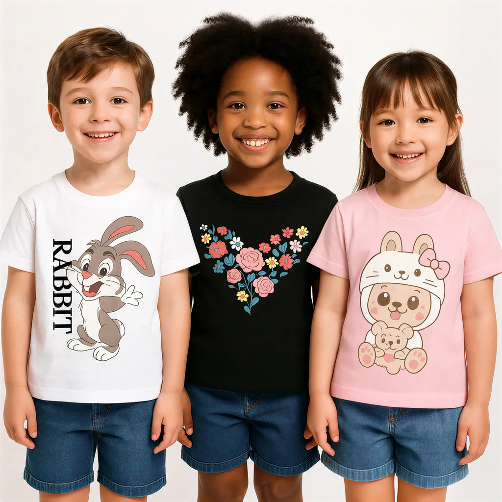 LITBABE Kids Soft Cotton T-Shirt – Rabbit, Bunny & Floral Heart Prints for Boys & Girls (Pack of 3)
